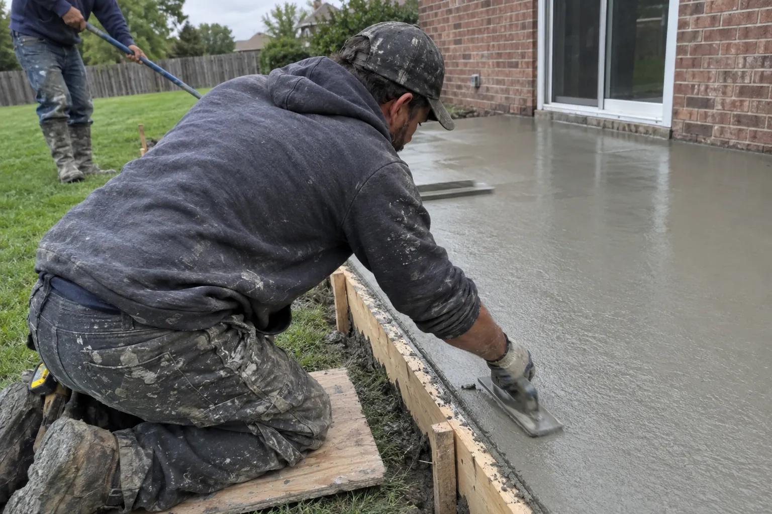 Concrete finisher edging a new backyard patio in Clarksville, TN